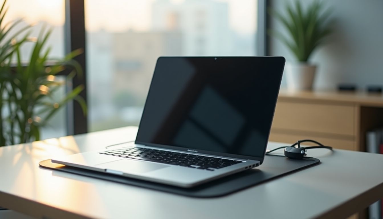 A tidy workbench with an open PC tower, neatly organised cables and a softly glowing monitor, cool steel blue-grey tones in a calm workshop — fixing and speeding up a PC guide