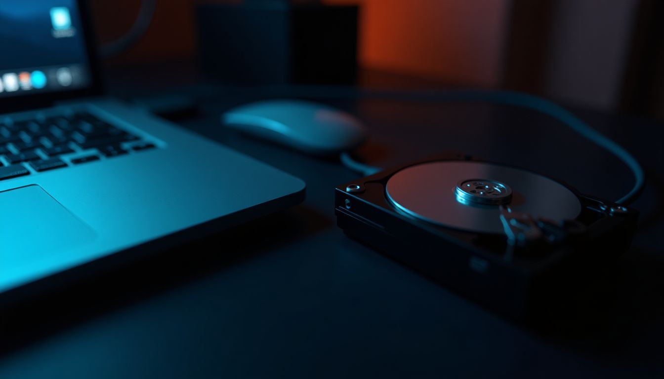 An external drive plugged into a laptop beside a small shield-shaped keychain on a dark desk, cool steel tones in soft light — backup and security guide