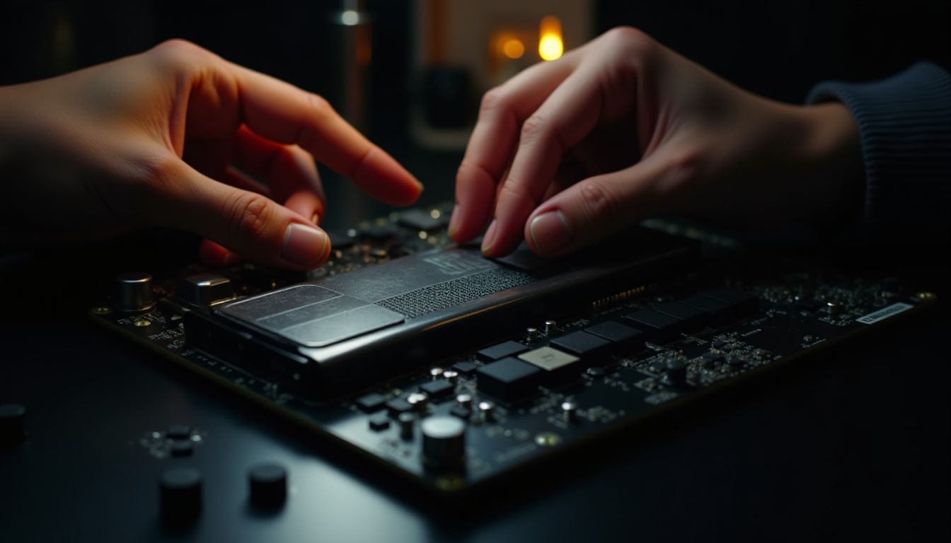 A new graphics card and RAM sticks laid on an anti-static mat beside a laptop, cool blue-grey window light, careful upgrade-planning mood — buying and upgrading a PC guide